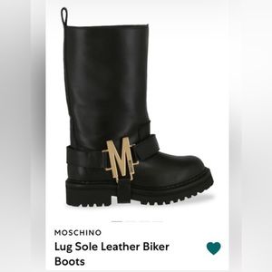 Moschino Black Leather Biker Boots with Gold Accent